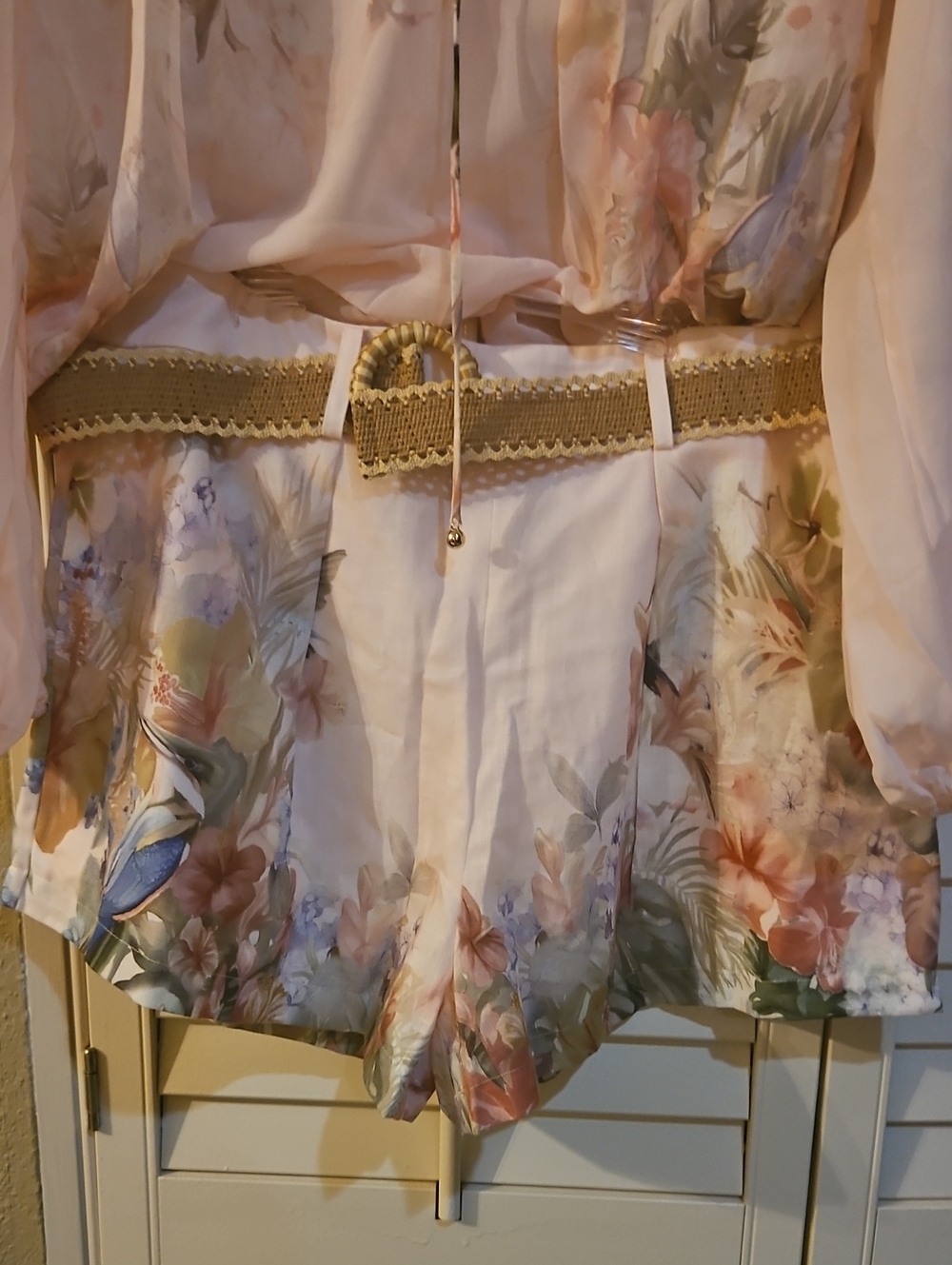 Commense Floral Sheer Long-Sleeve V-Neck Blouse And Shorts in Soft Pastel - Picture 3 of 5
